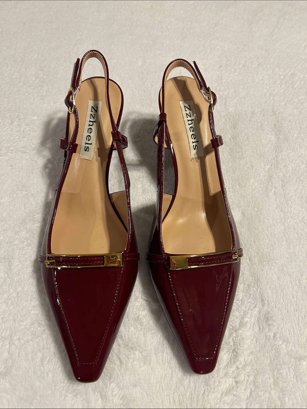 Zzheels Women's Burgundy Patent Leather Slingback pumps. Kitten heels.